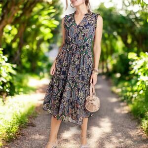 Anthropologie Elmira Midi Dress Blue Paisley Shimmer Accent Floral Fairy Size 14